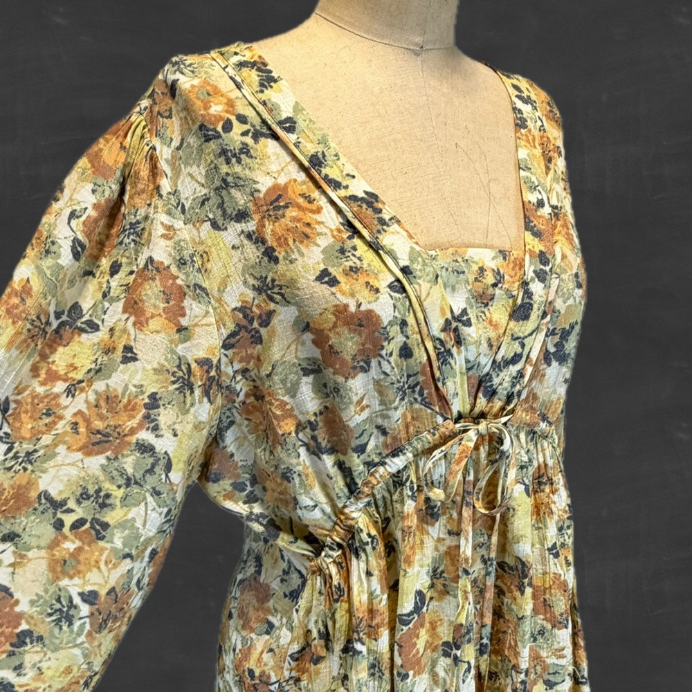 Earthy floral boho kimono blouse slouchy drawstring‎ top prairie milkmaid kaftan